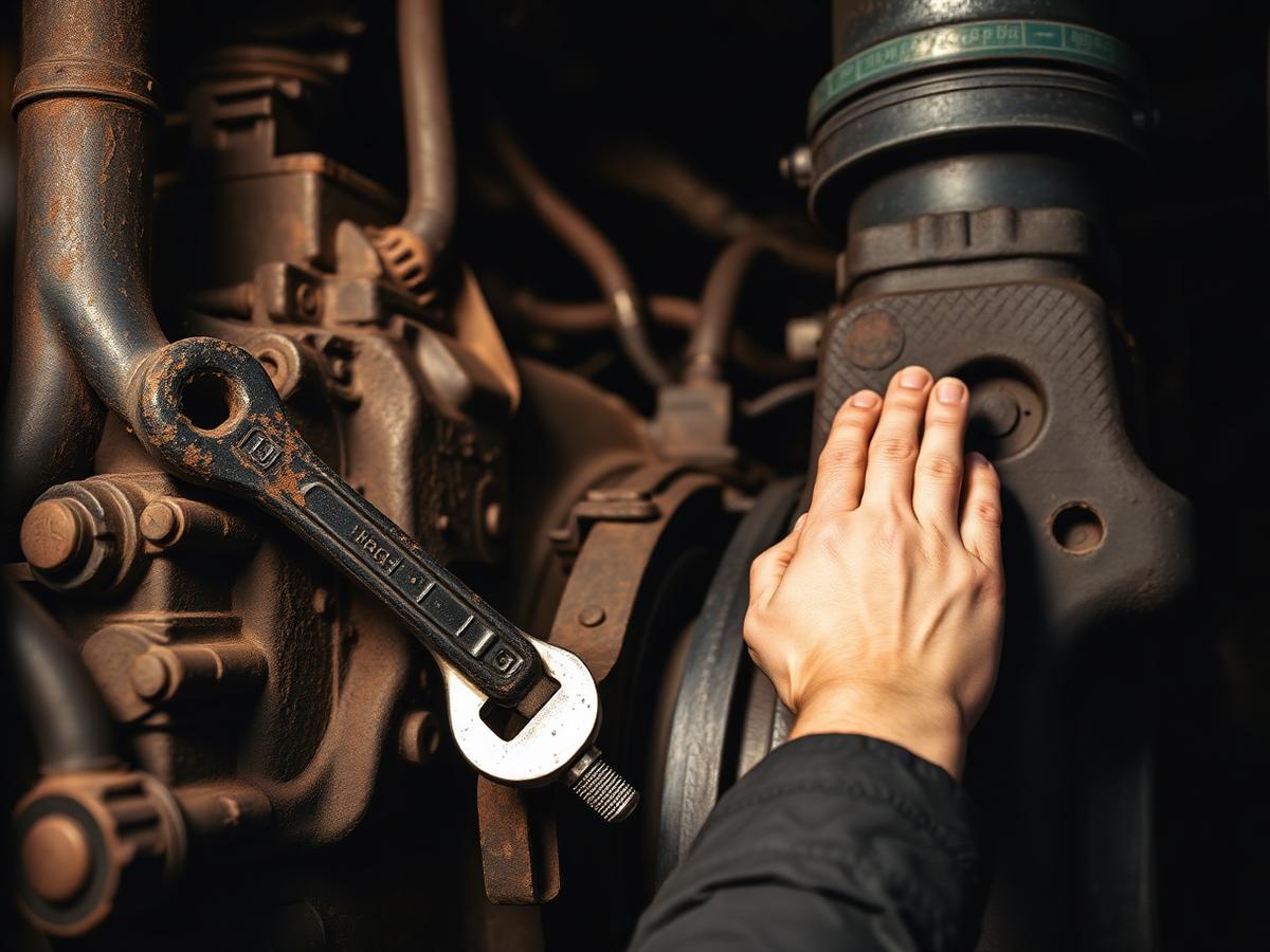 Diesel mechanic working on truck engine